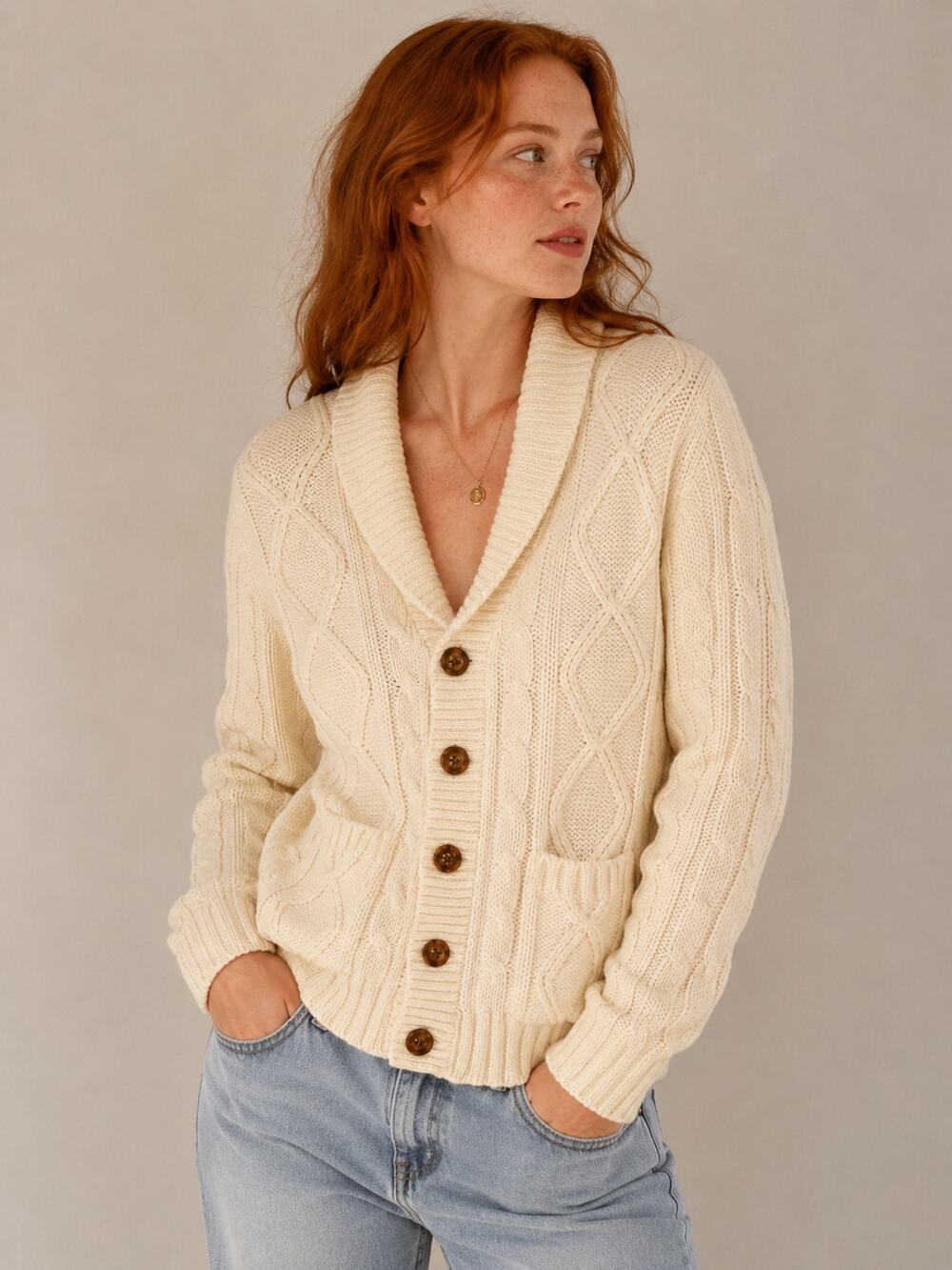 LRR287 Kings Road Cream Cable Knit Shawl Collar Cardigan Sweater Large